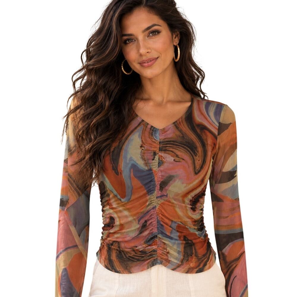 Bailey/44 Vanity Mesh Ruched Top Womens Small Colorful Swirl Boho Y2K Grunge Tee